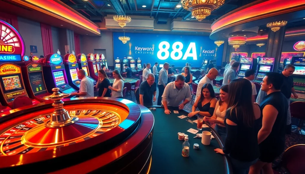 Players engage in thrilling casino action at tables, featuring 88AA promotions in the backdrop.