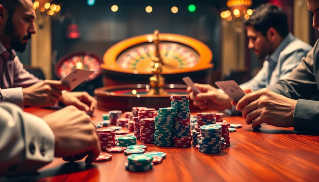 Engage in thrilling poker action at a vibrant casino, showcasing giải mã nhà cái uy tín through intense gameplay and colorful poker chips.