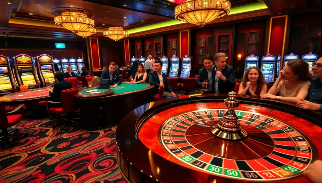 Exciting gambling scene at Nhà cái VUABAI9 featuring a roulette table, lively players, and vibrant casino atmosphere.