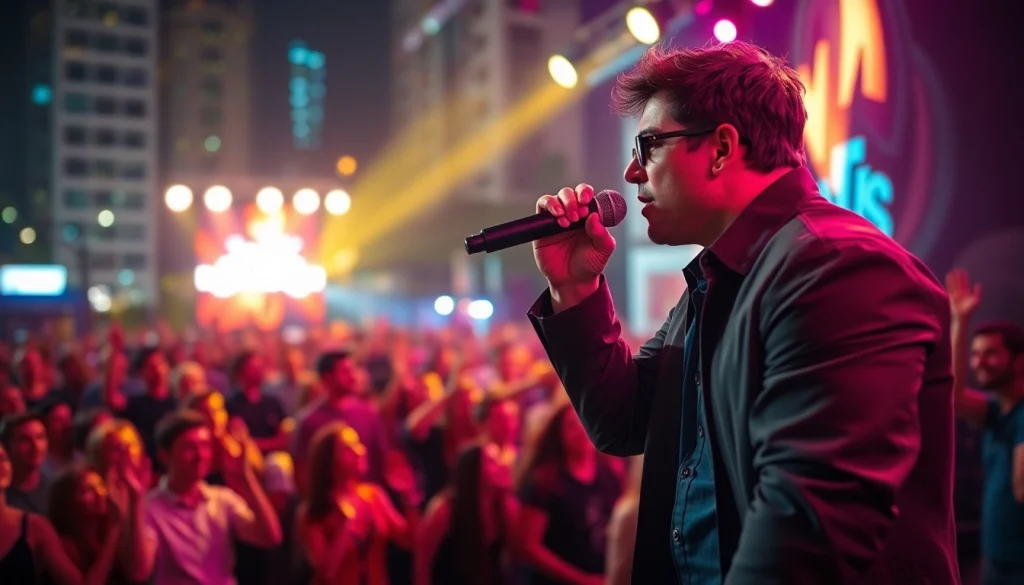 OK88 performing live, captivating the crowd with vibrant lights and energetic atmosphere.