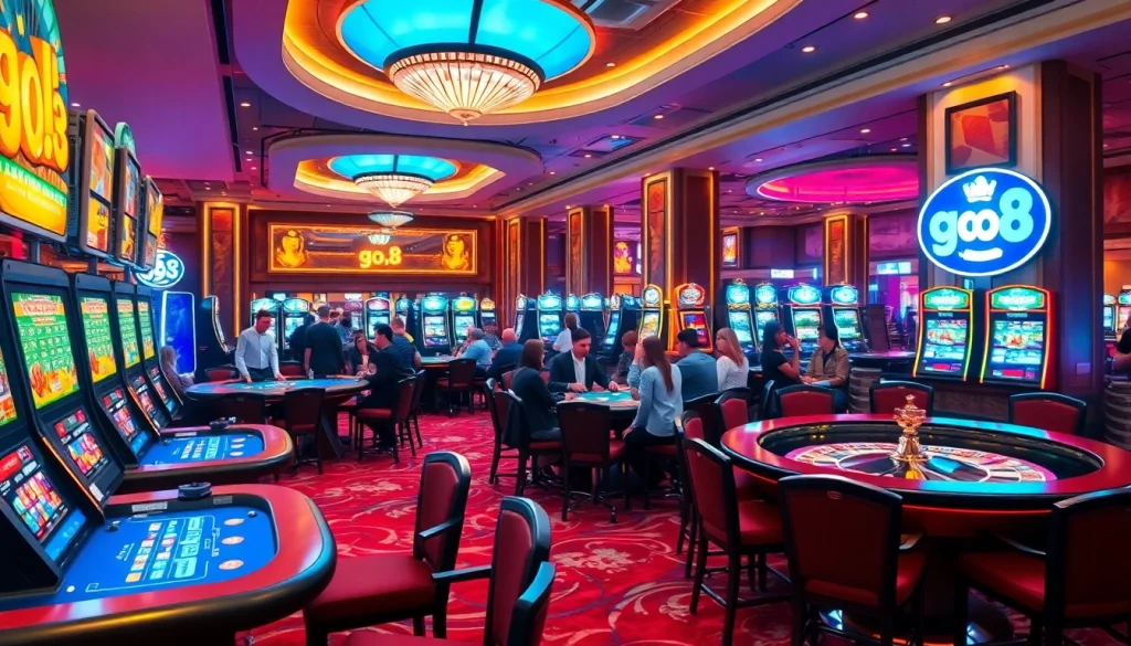 A thrilling casino scene showcasing players enjoying go.8 gaming experiences with vibrant slot machines, poker tables, and roulette.