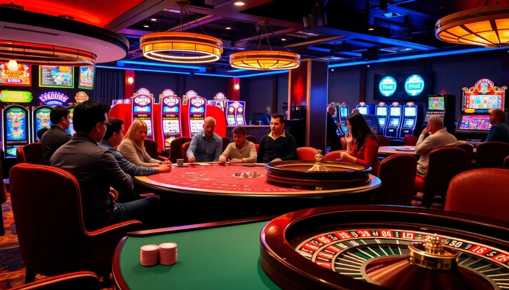 Experience the thrill of the 88aa casino with players at a poker table surrounded by vibrant lights.