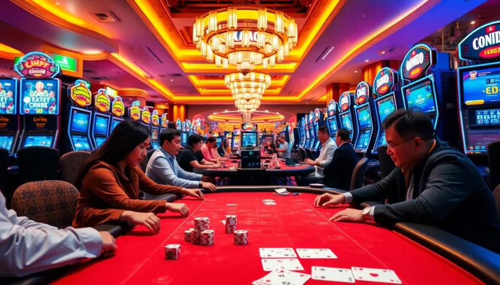 Engaging scene showcasing Nhà cái OK88 in a lively casino, highlighting dynamic gaming experiences.