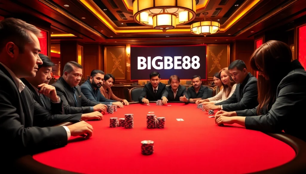 Intense poker action at Nhà cái BIGBET88's luxurious table with players and colorful chips.