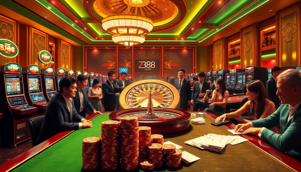 Action-packed casino scene featuring players at poker tables with Nhà cái BJ88 branding visible, showcasing thrill and excitement.
