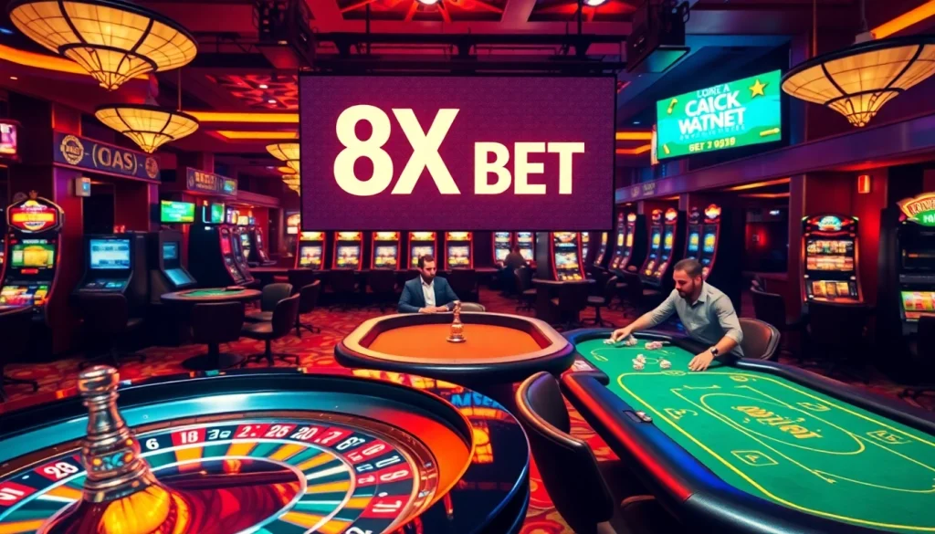 8X BET showcases a vibrant casino scene filled with poker tables, roulette wheels, and slot machines.