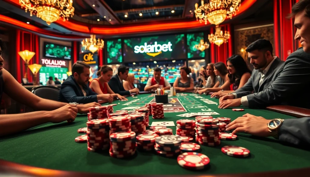Solarbet casino poker action with vibrant chips and engaged players.