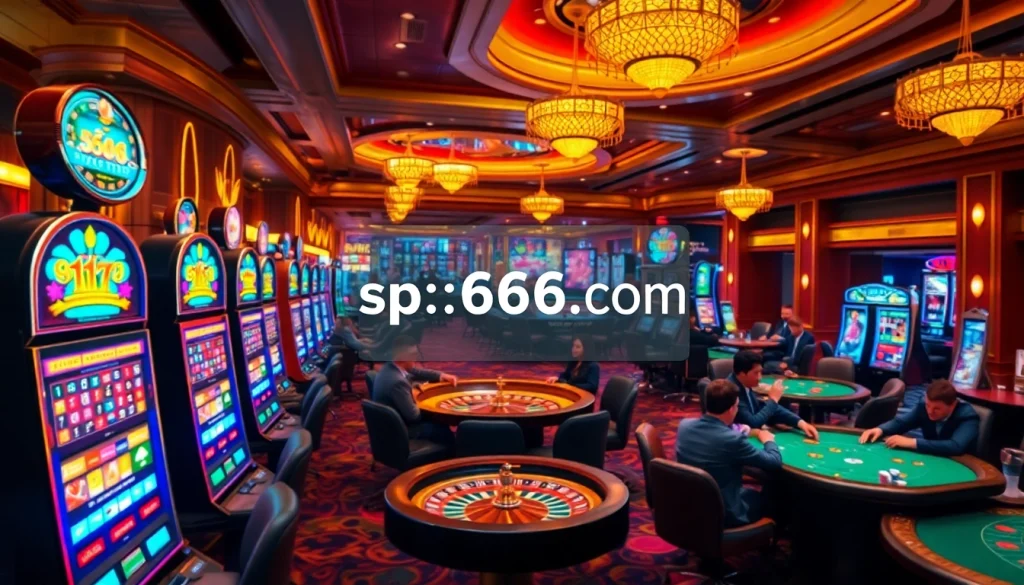 Exciting casino scene featuring slot machines and poker tables at https://sp666io.com/, showcasing thrilling gambling activities.