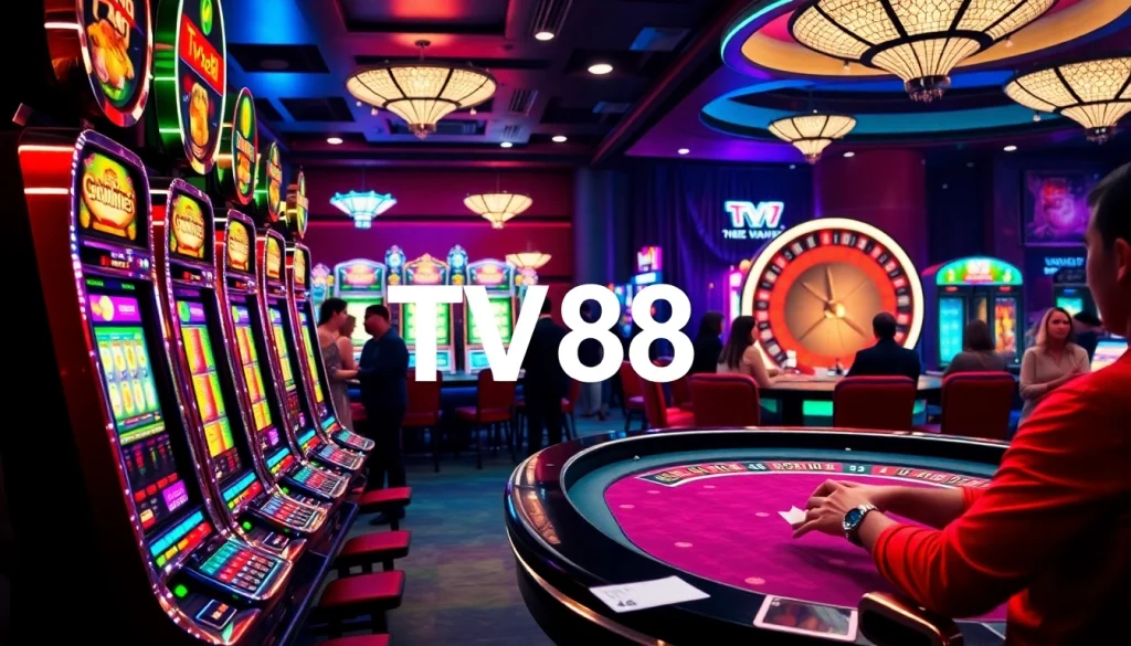 In a vibrant casino, players enjoy various games including poker and slots at TV88-themed tables.