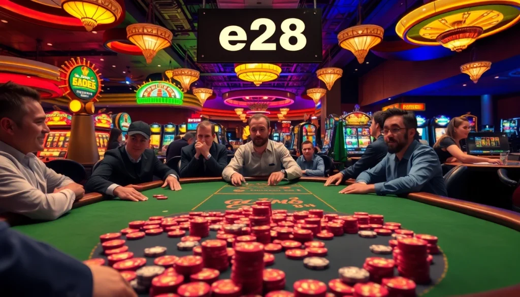 Experience the thrill of gambling with E28-inspired high-stakes poker games, vibrant slot machines, and excitement.