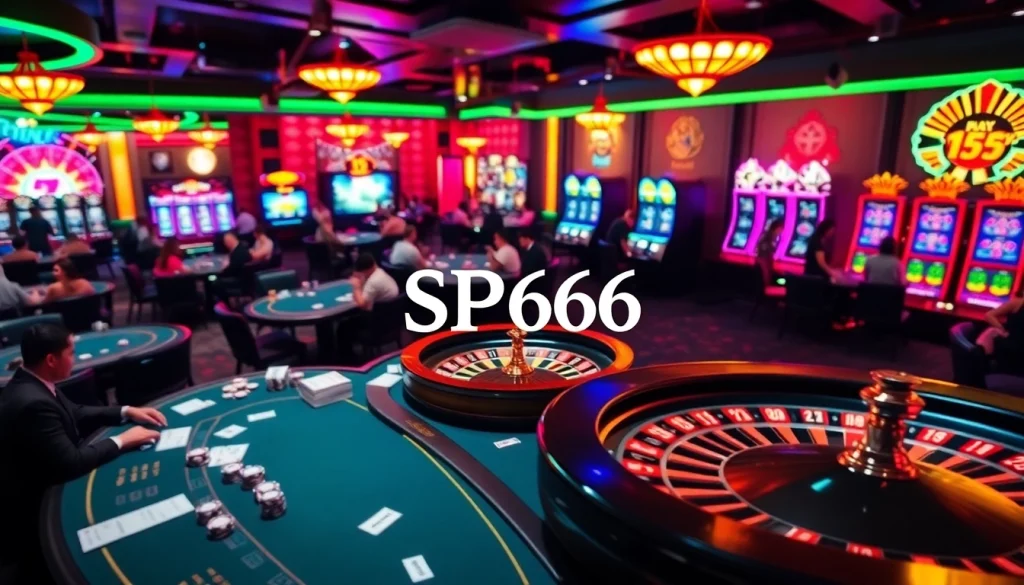 Exciting action at Nhà cái SP666 casino tables with vibrant slot machines and poker games.