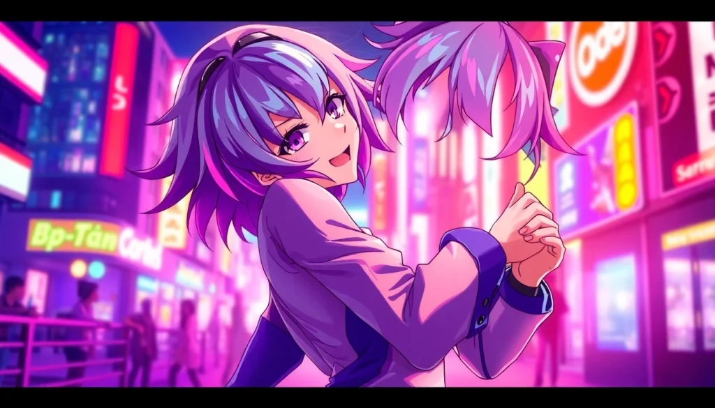 Animated character showcasing anime sex themes in a colorful, vibrant cityscape setting.